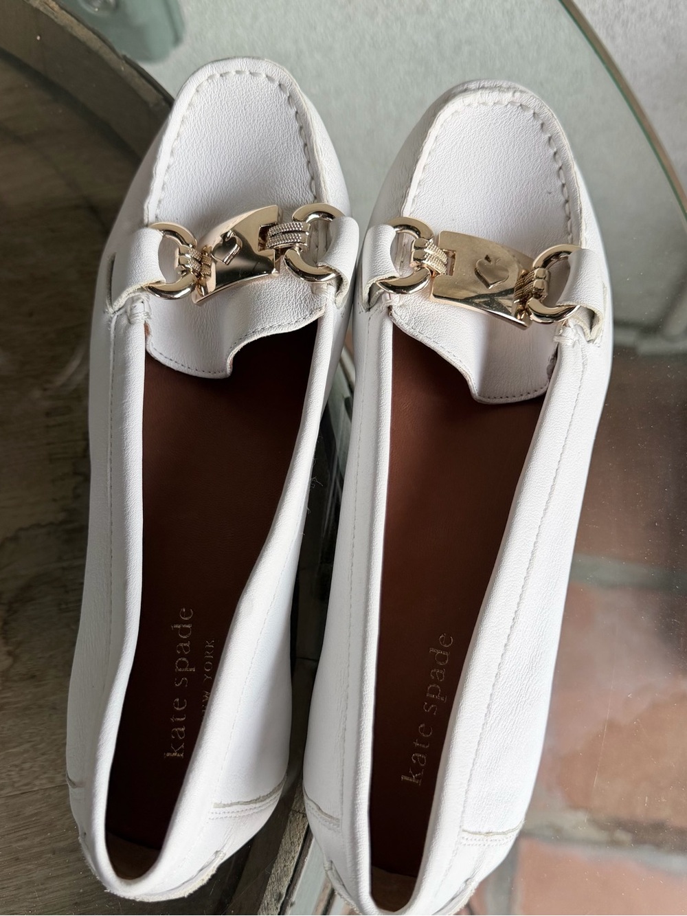 kate spade White Leather Loafers with Gold Chain Hardware